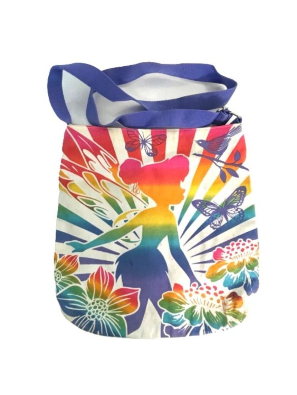 Disney Parks Tinker Bell Rainbow Canvas Tote Bag Crossbody Purple Strap Zipper